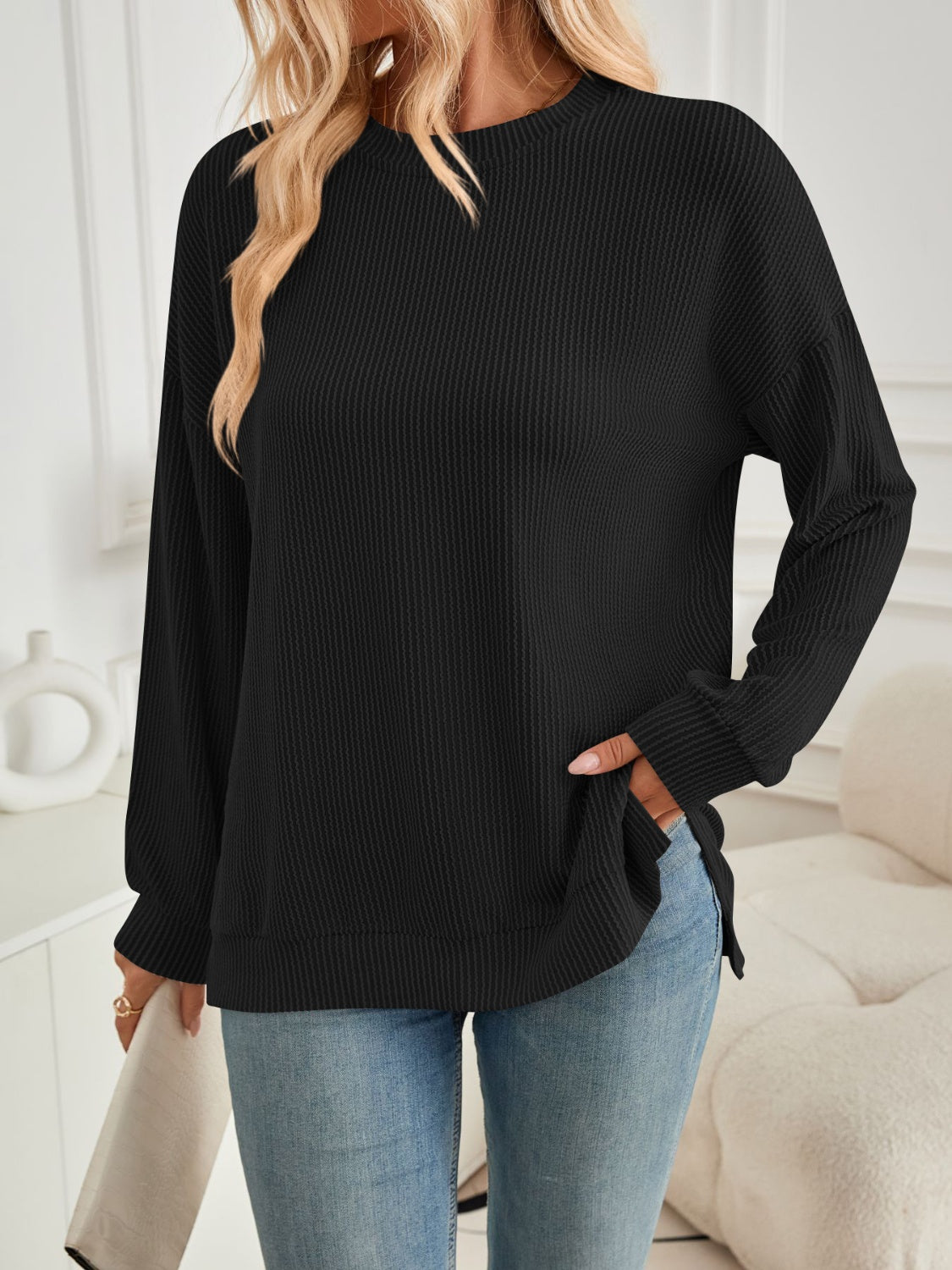 Lovelet Slit Round Neck Long Sleeve Sweatshirt - EkaVibe