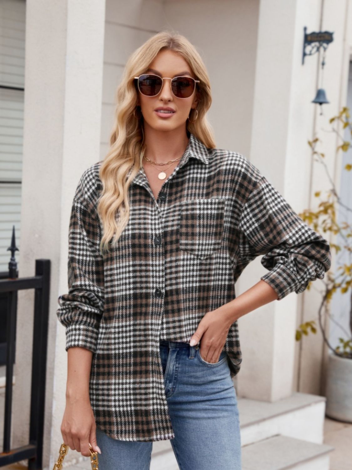 Mandy Pocketed Plaid Collared Neck Long Sleeve Shirt - EkaVibe