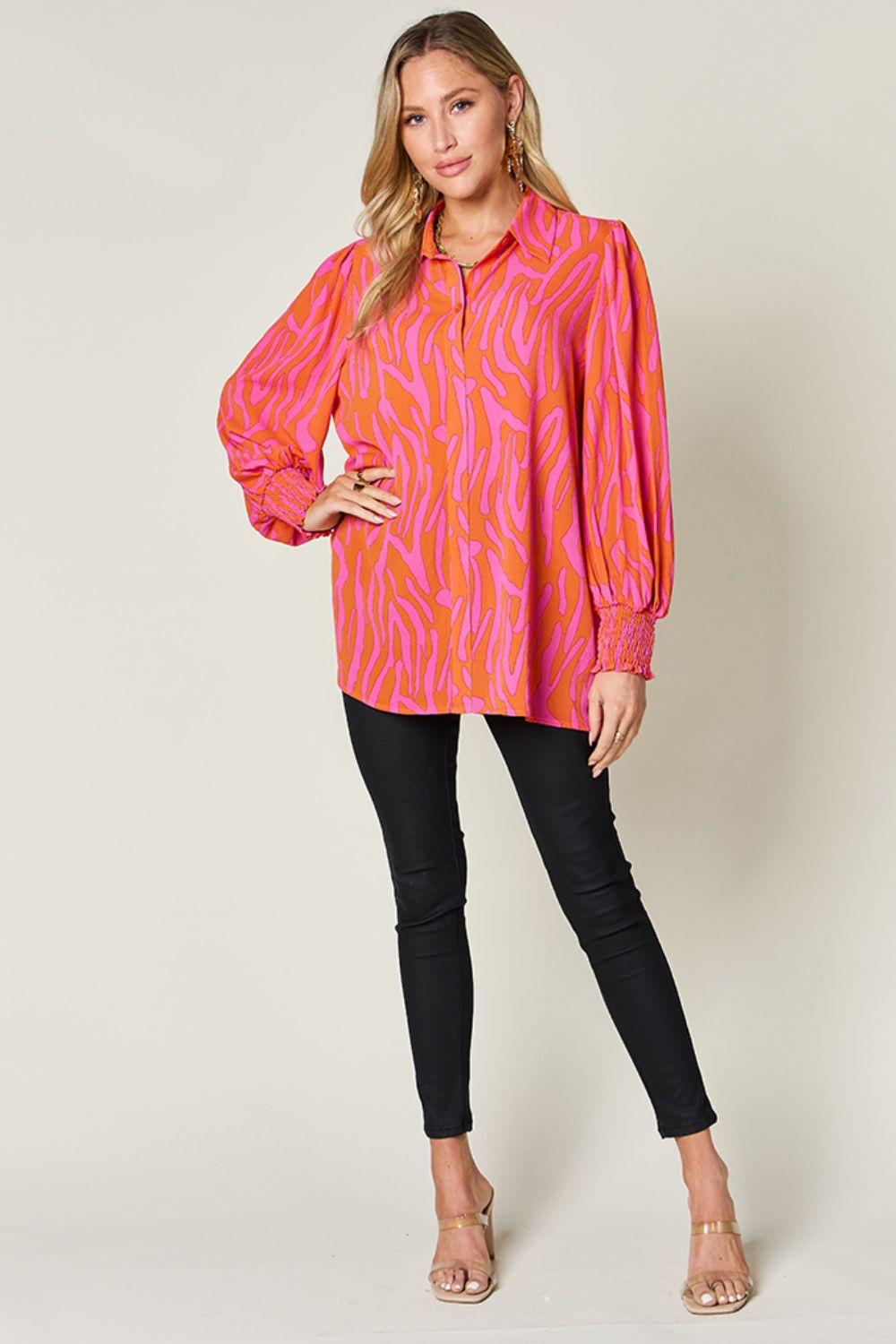 Double Take Full Size Printed Smocked Long Sleeve Blouse - EkaVibe