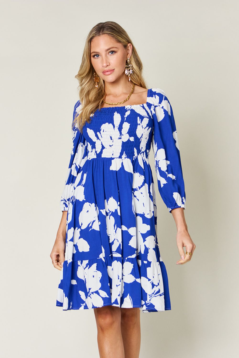 Double Take Full Size Floral Ruffle Hem Smocked Dress with Pockets - EkaVibe