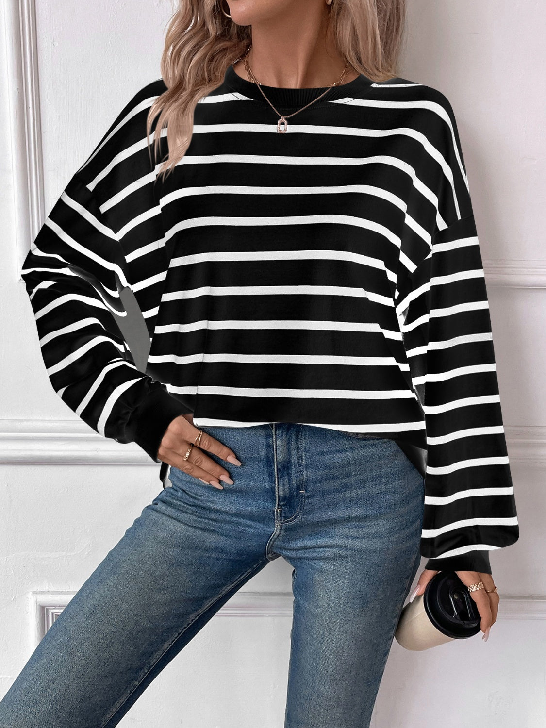 Lovelet Striped Round Neck Long Sleeve Sweatshirt - EkaVibe