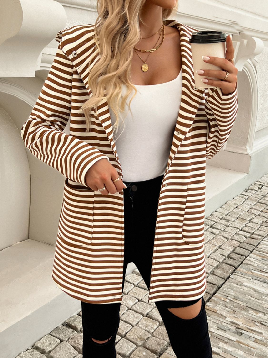 Devine Striped Long Sleeve Hooded Outerwear - EkaVibe