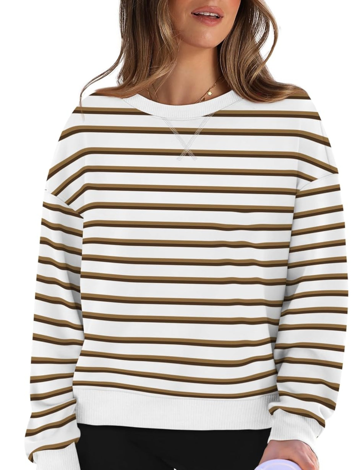 Lovelet Striped Round Neck Long Sleeve Sweatshirt - EkaVibe