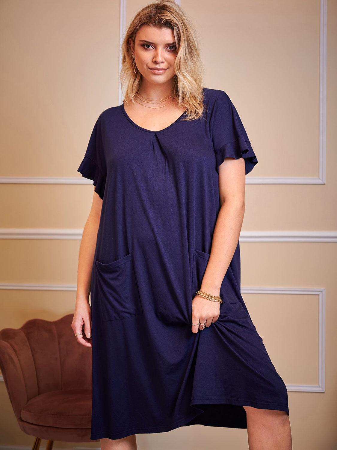 Plus Size Round Neck Short Sleeve Lounge Dress - EkaVibe