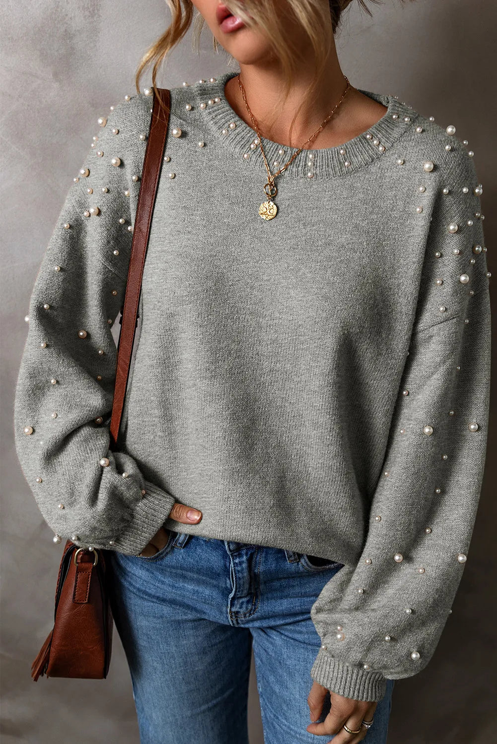 Pearl Detail Round Neck Long Sleeve Sweater - EkaVibe