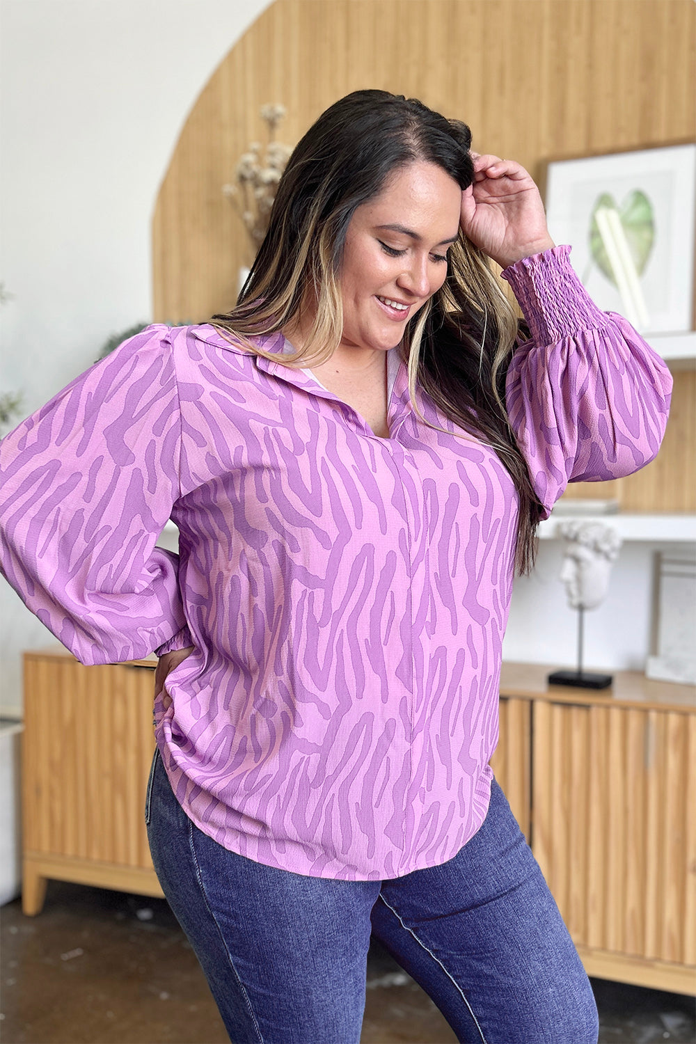 Double Take Full Size Printed Smocked Long Sleeve Blouse - EkaVibe