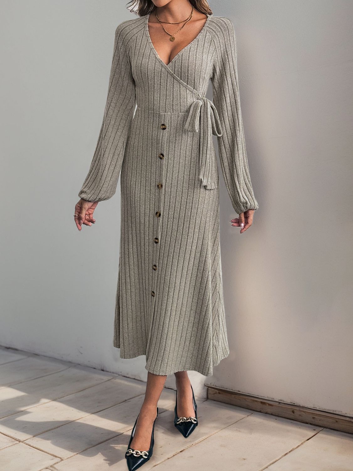 Perfee Ribbed Tied Surplice Long Sleeve Dress - EkaVibe