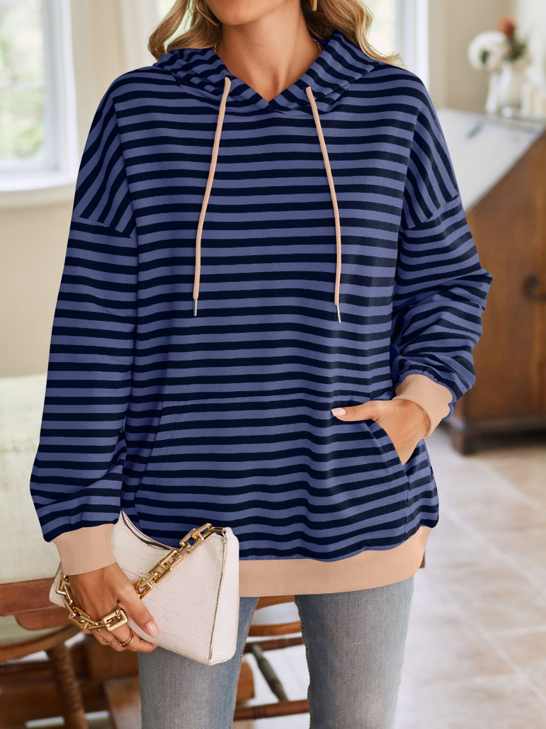 Lovelet Drawstring Striped Long Sleeve Hoodie - EkaVibe