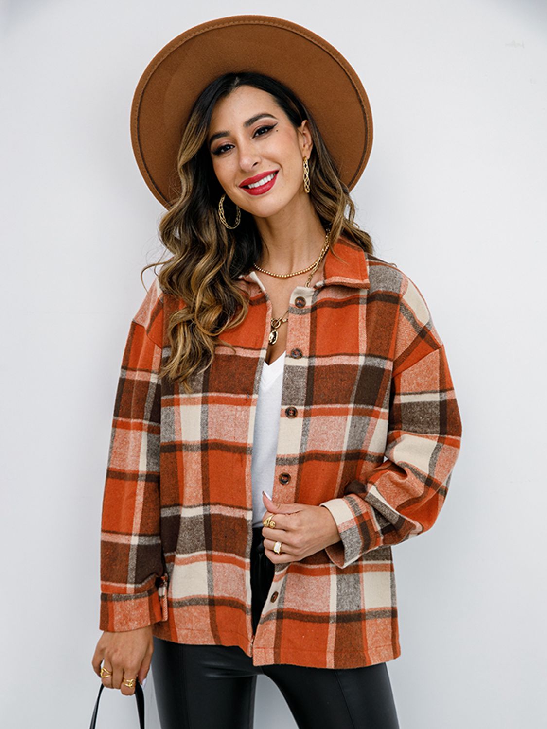 Shiny Plaid Button Up Collared Neck Jacket - EkaVibe