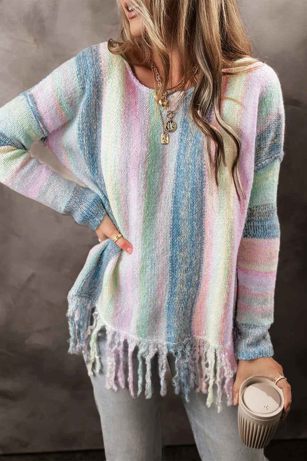 Fringe Color Block Round Neck Sweater - EkaVibe