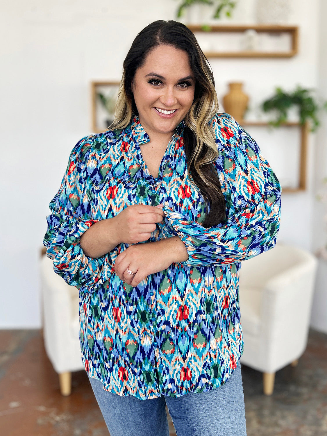 Double Take Full Size Printed Balloon Sleeve Blouse - EkaVibe