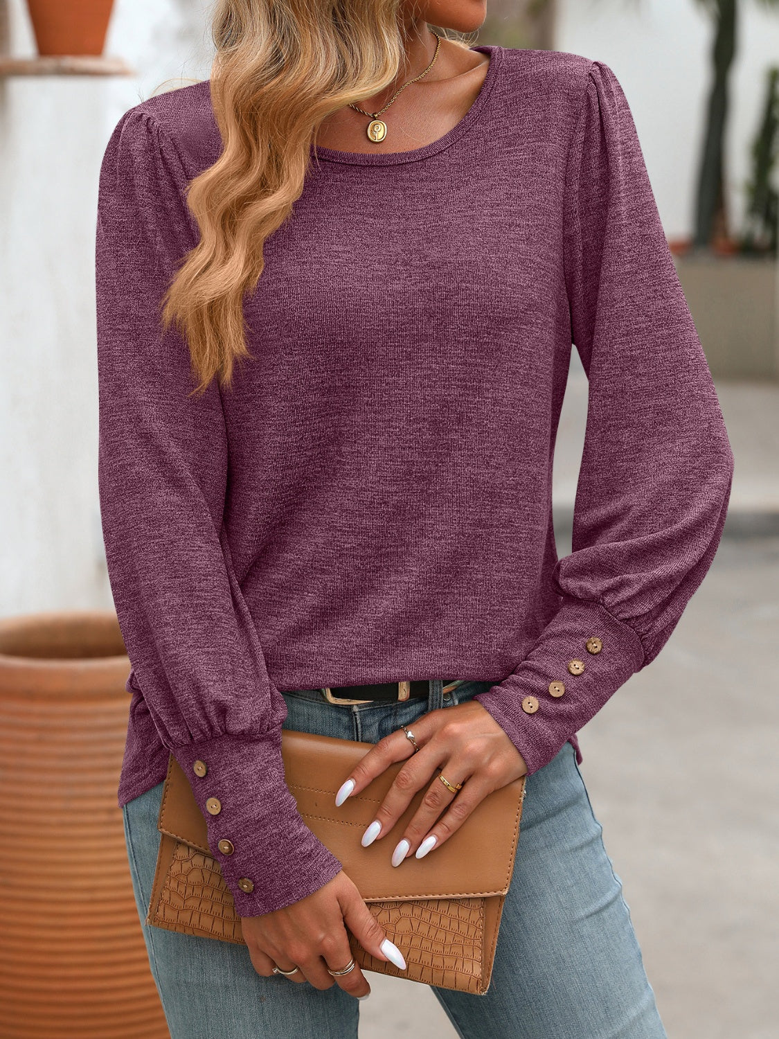 Decorative Button Round Neck Long Sleeve T-Shirt - EkaVibe