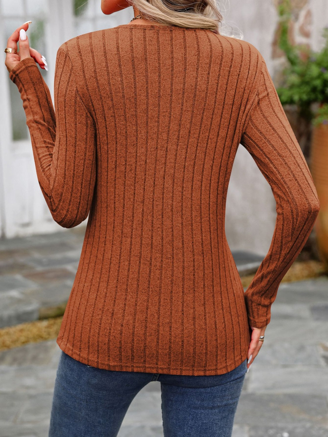 Decorative Button Round Neck Long Sleeve T-Shirt - EkaVibe