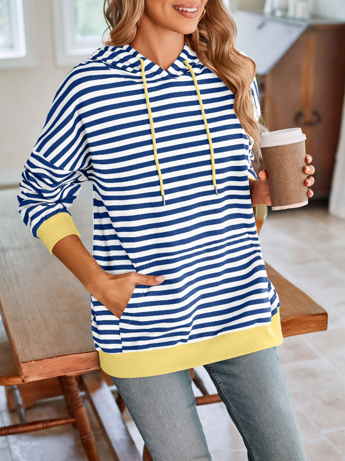 Lovelet Drawstring Striped Long Sleeve Hoodie - EkaVibe