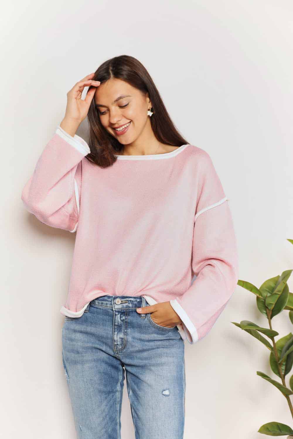 Angel Wings Contrast Detail Dropped Shoulder Knit Top - EkaVibe