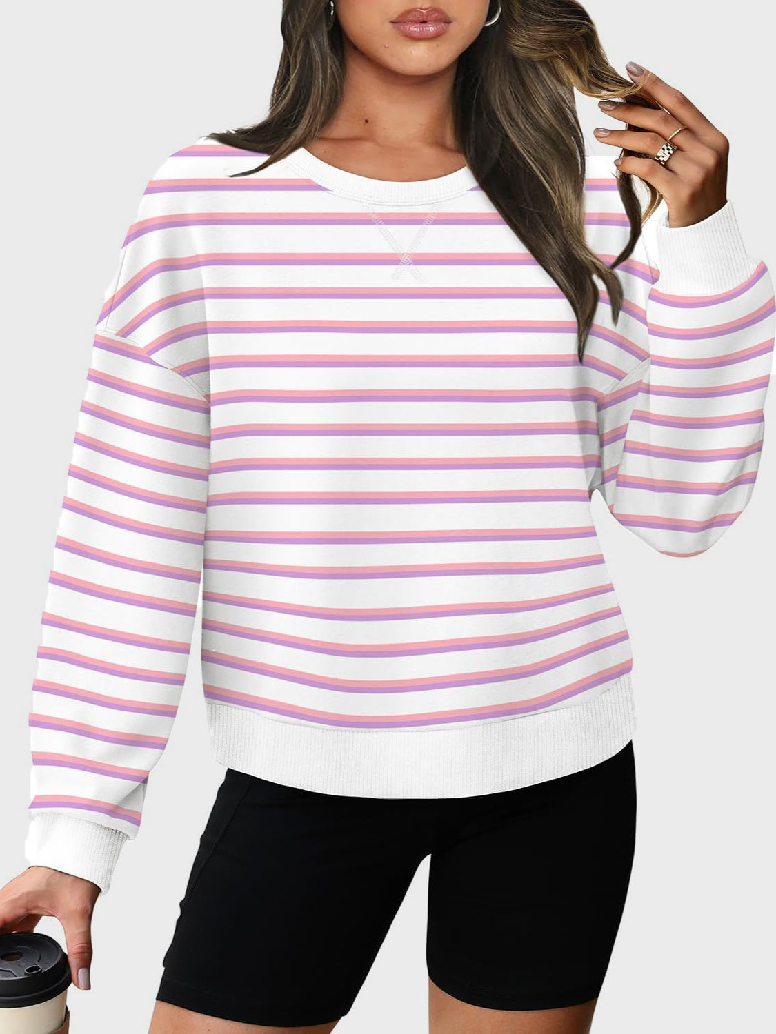 Lovelet Striped Round Neck Long Sleeve Sweatshirt - EkaVibe