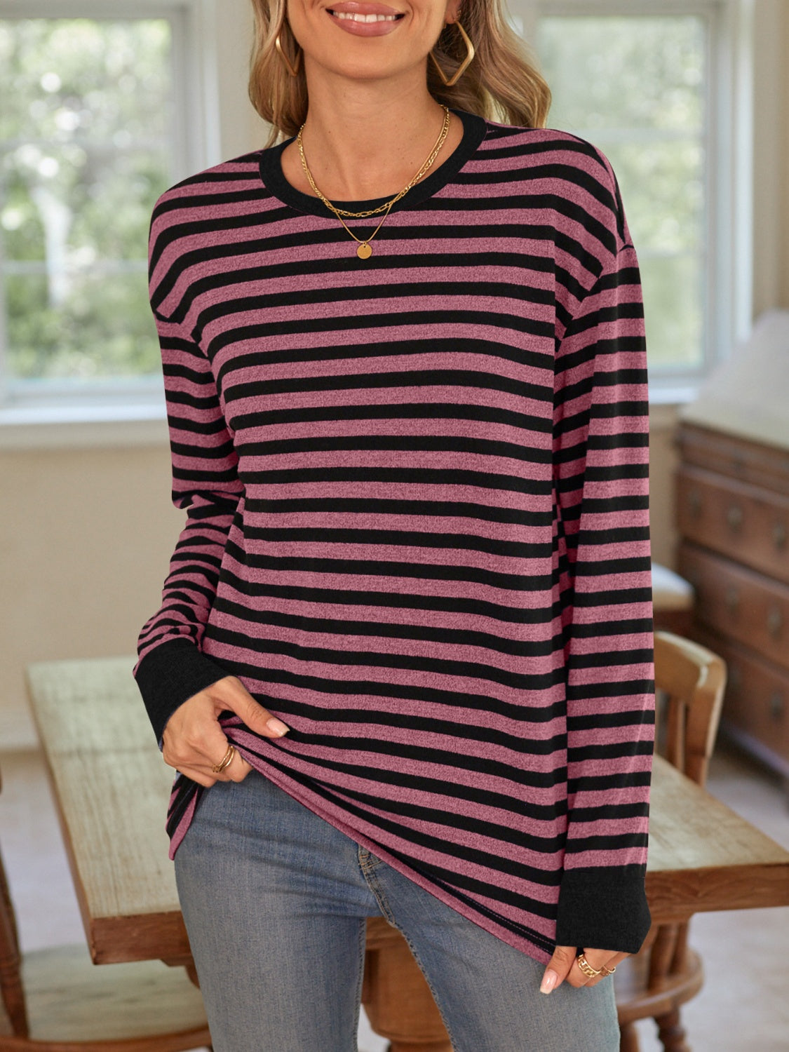 Lovelet Striped Round Neck Long Sleeve T-Shirt - EkaVibe