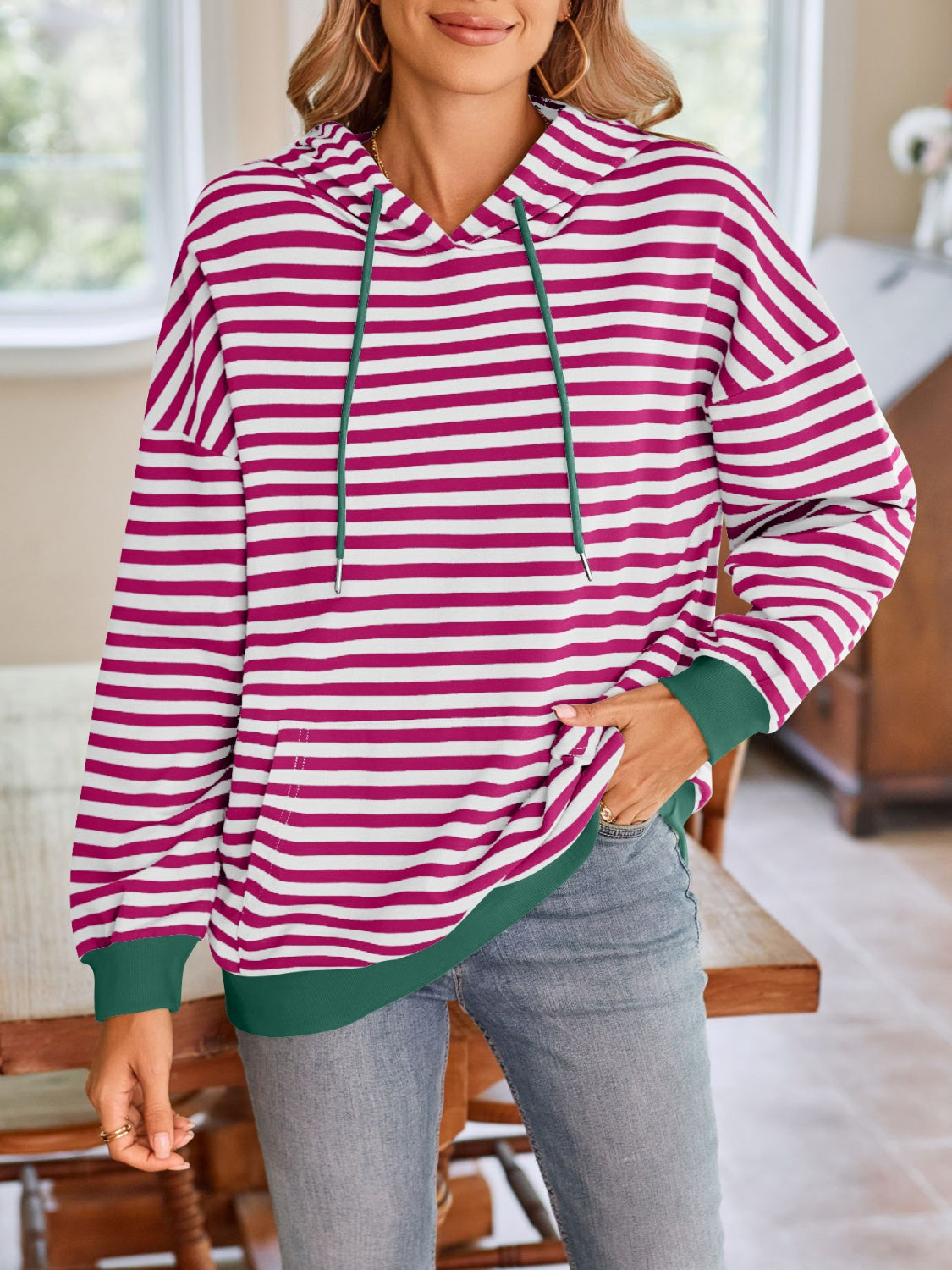 Lovelet Drawstring Striped Long Sleeve Hoodie - EkaVibe