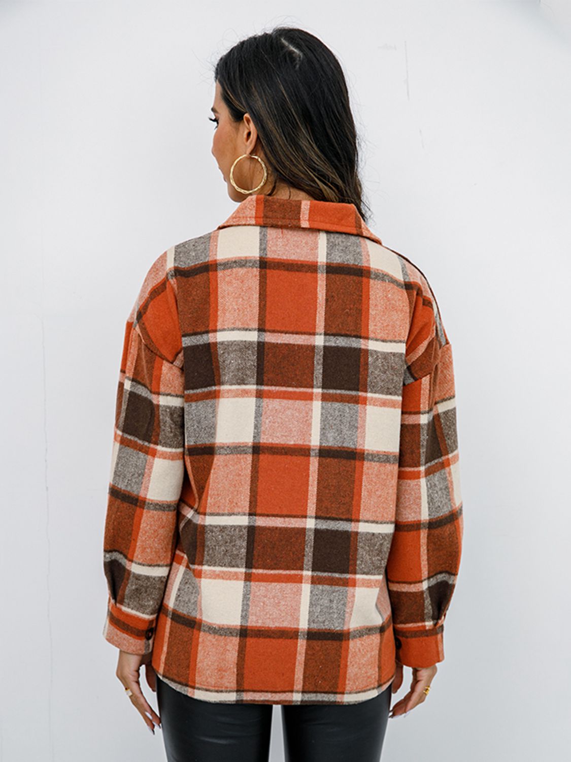 Shiny Plaid Button Up Collared Neck Jacket - EkaVibe