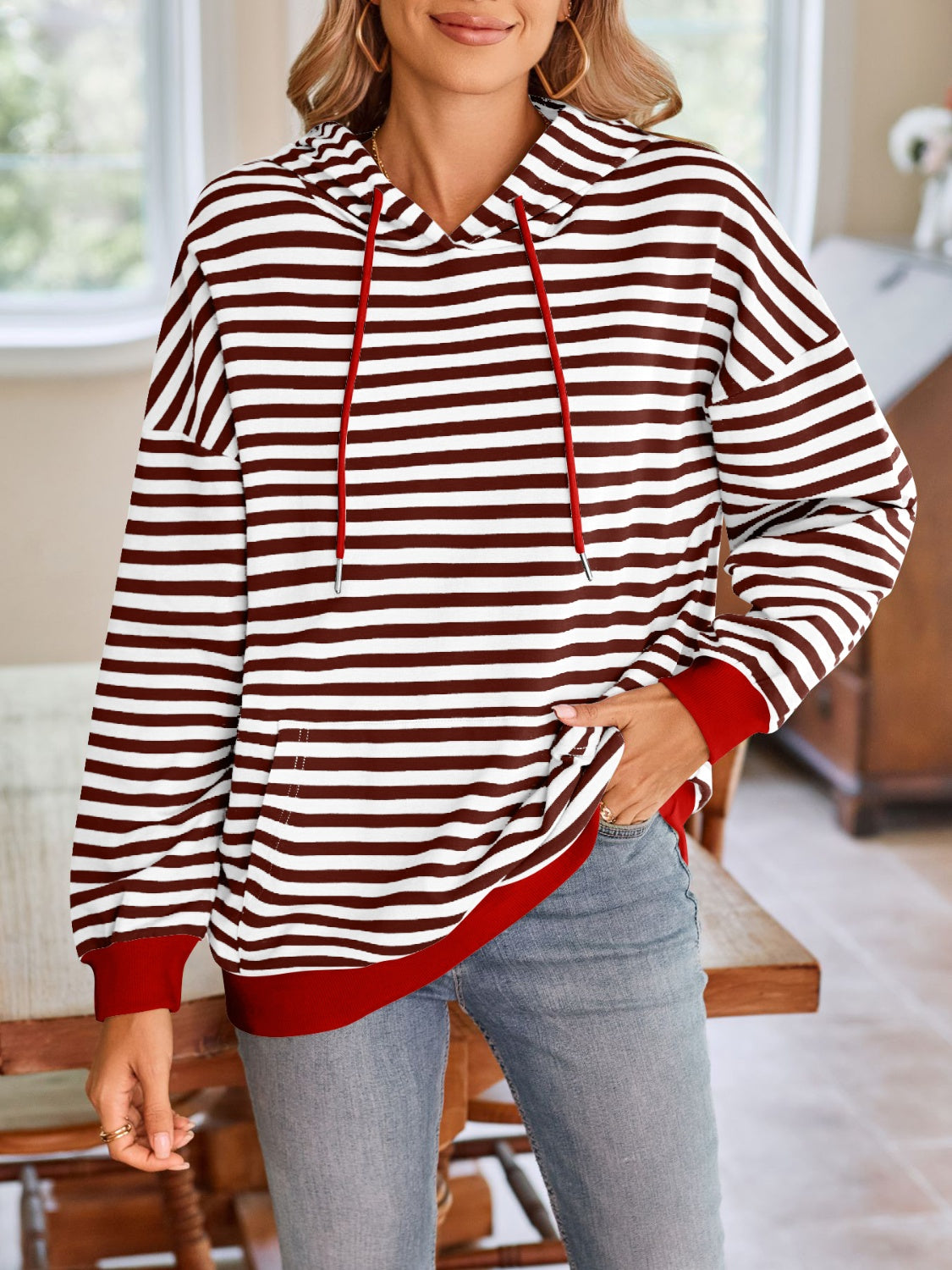 Lovelet Drawstring Striped Long Sleeve Hoodie - EkaVibe