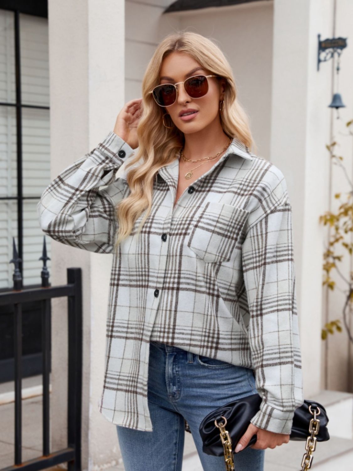 Mandy Pocketed Plaid Collared Neck Long Sleeve Shirt - EkaVibe