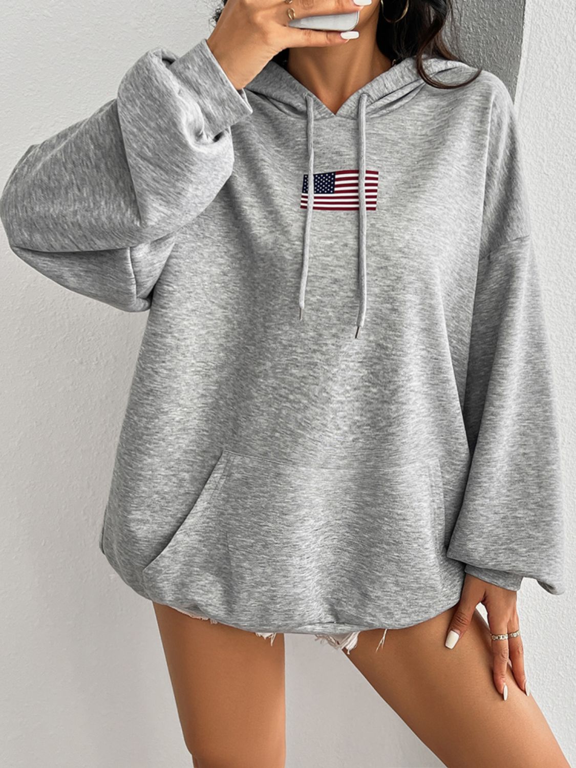 Devine Drawstring US Flag Long Sleeve Hoodie - EkaVibe