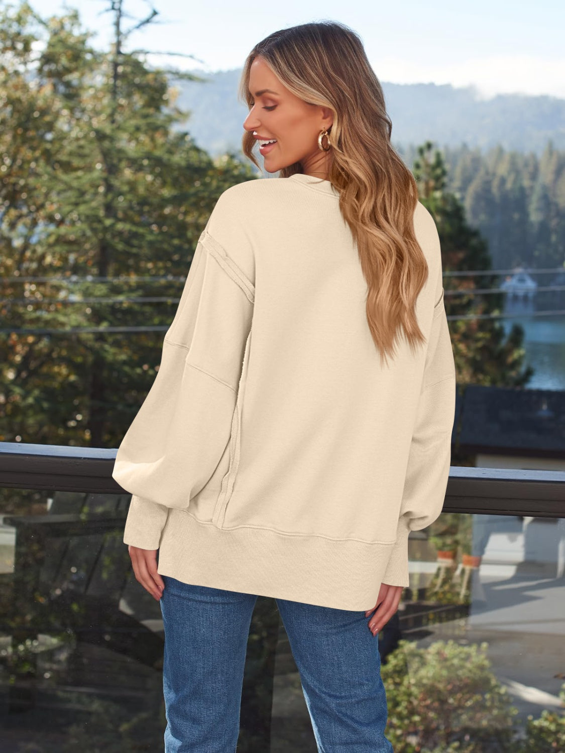 Slit Round Neck Long Sleeve Sweatshirt - EkaVibe