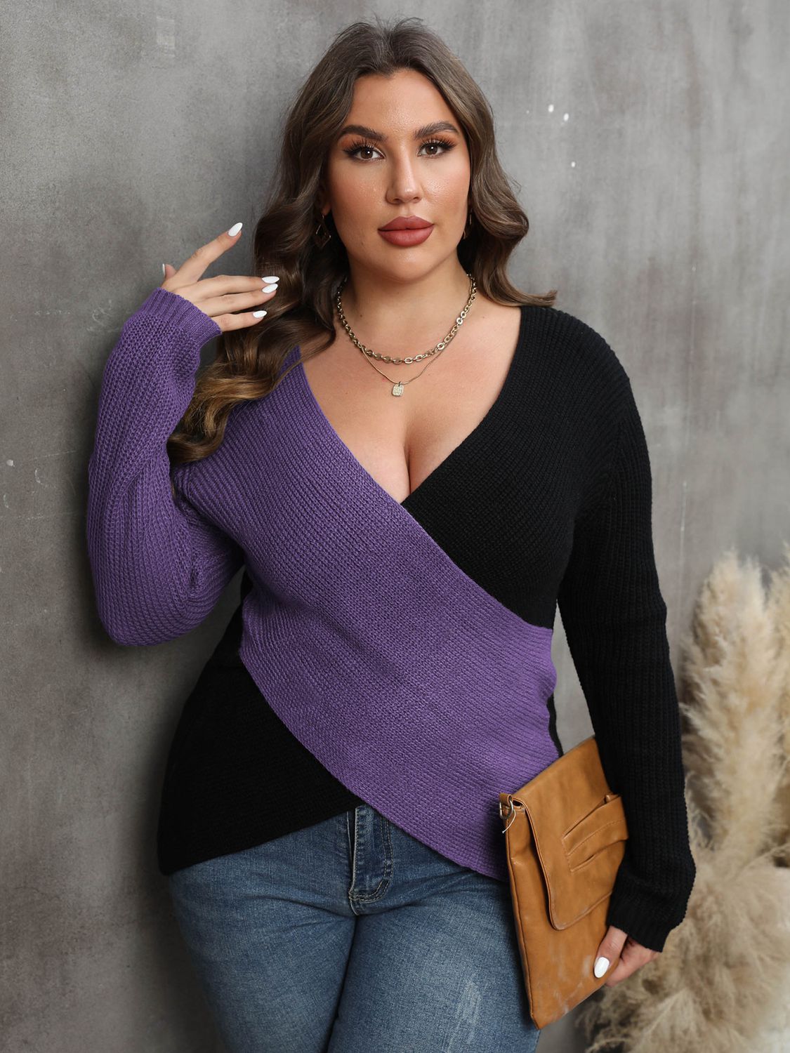 Plus Size Two-Tone Surplice Neck Sweater - EkaVibe