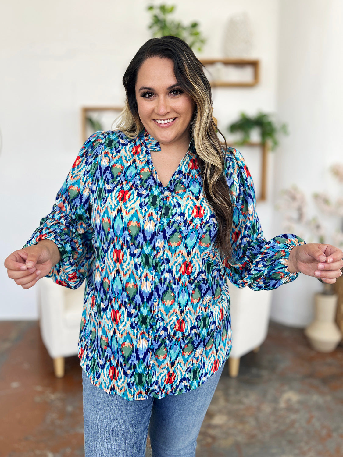 Double Take Full Size Printed Balloon Sleeve Blouse - EkaVibe