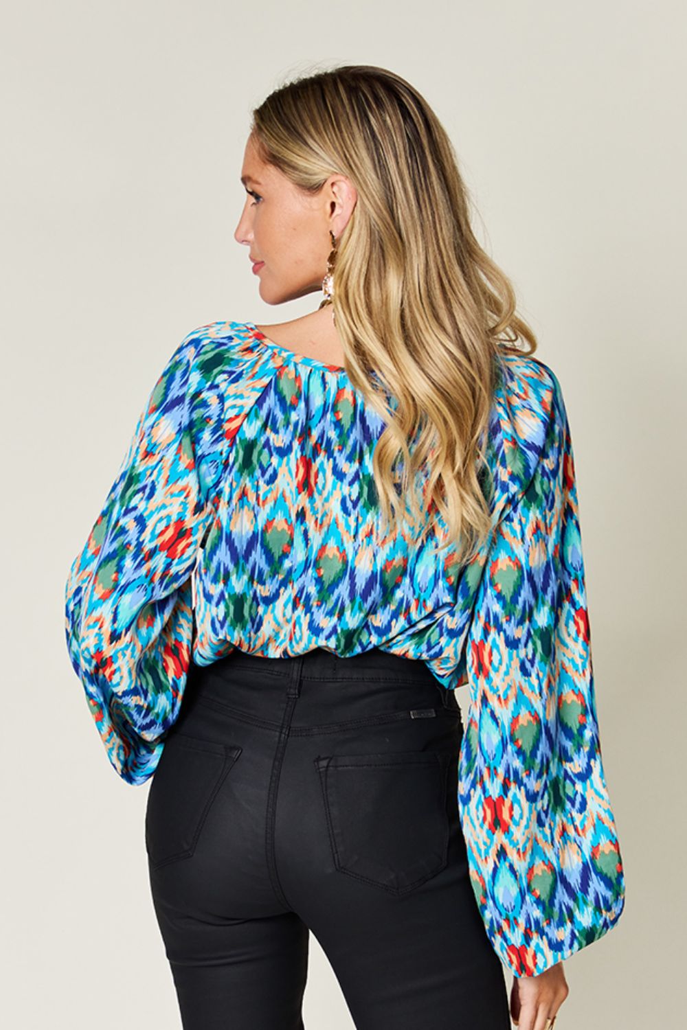 Double Take Full Size Printed Balloon Sleeve Blouse - EkaVibe