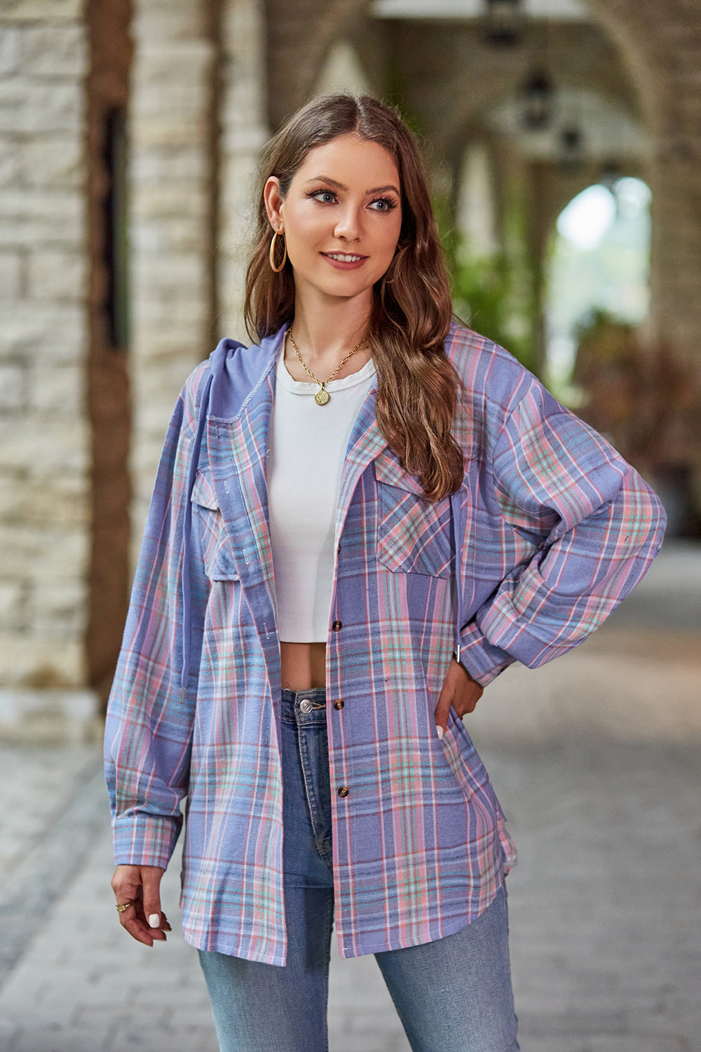 Mandy Plaid Long Sleeve Hooded Jacket - EkaVibe