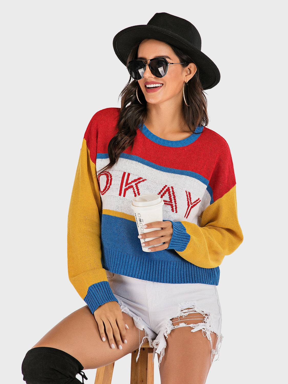 Perfee OKAY Contrast Dropped Shoulder Long Sleeve Sweater - EkaVibe