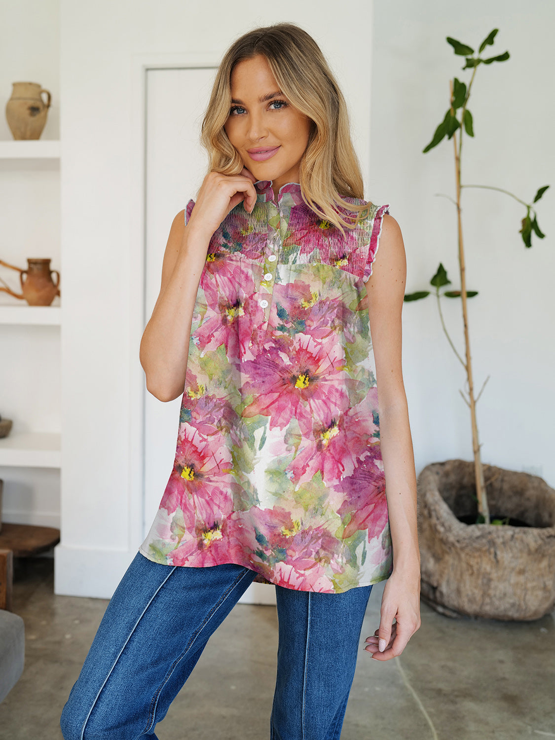 FAM-FAM Frill Printed Mock Neck Top - EkaVibe