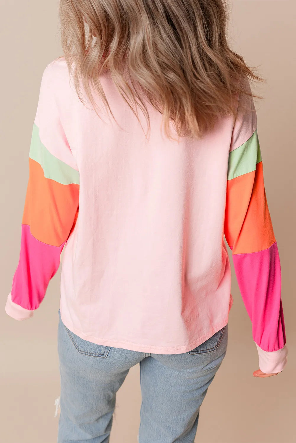 Color Block Round Neck Long Sleeve Top - EkaVibe