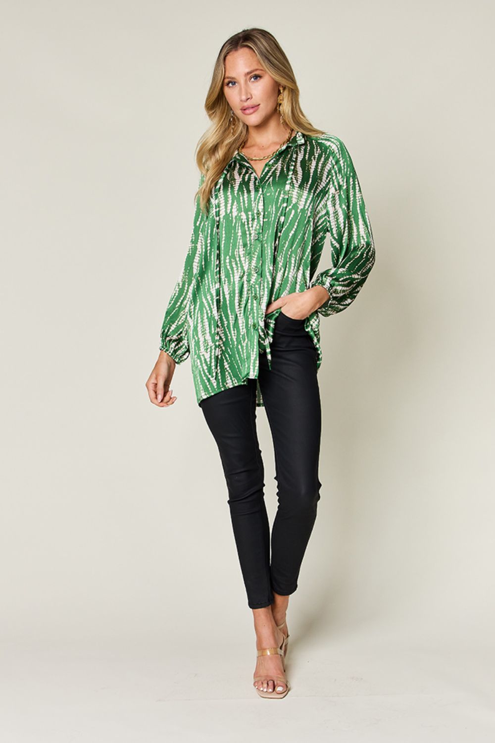 Double Take Full Size Printed Button Up Long Sleeve Shirt - EkaVibe