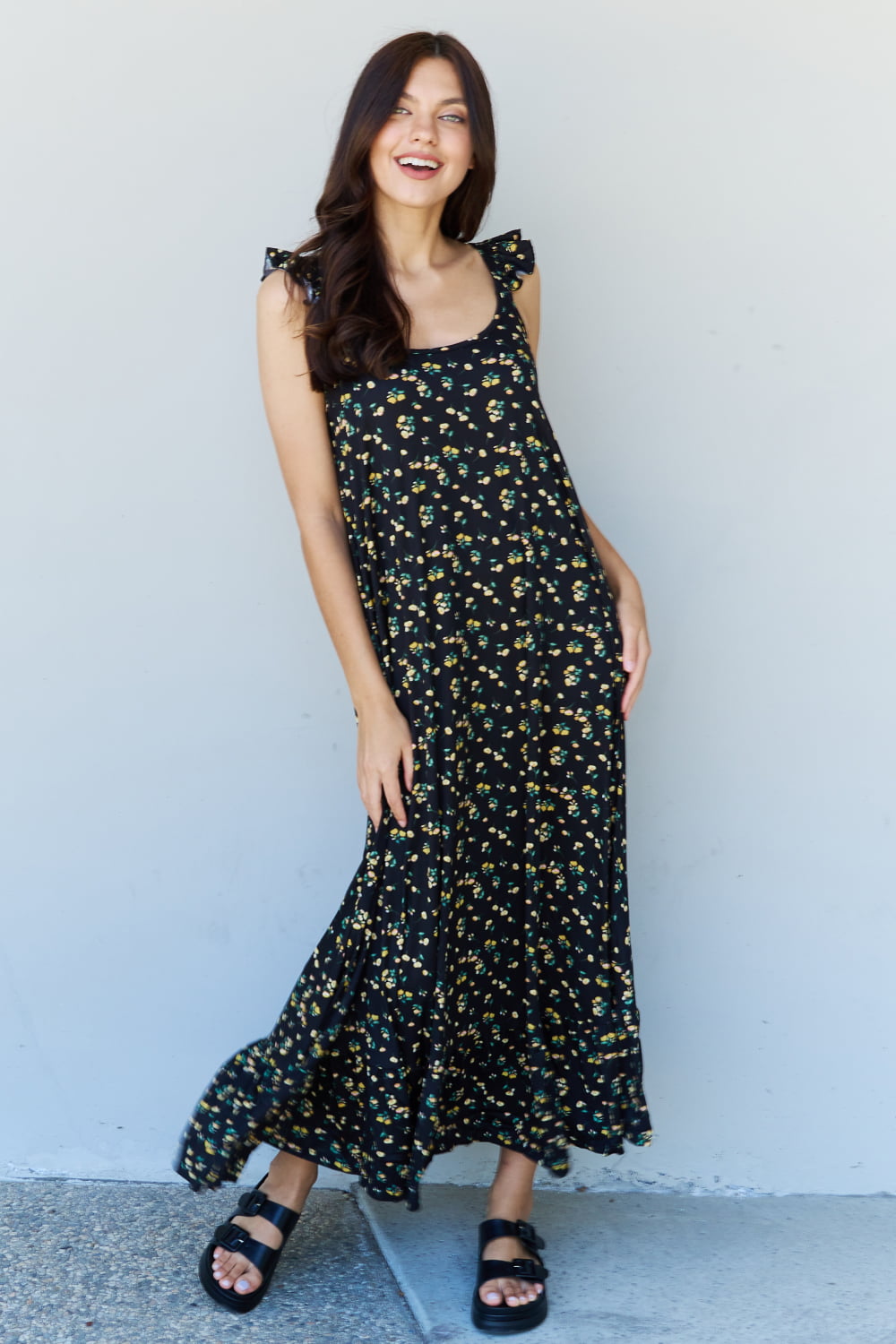 Doublju In The Garden Ruffle Floral Maxi Dress in  Black Yellow Floral - EkaVibe