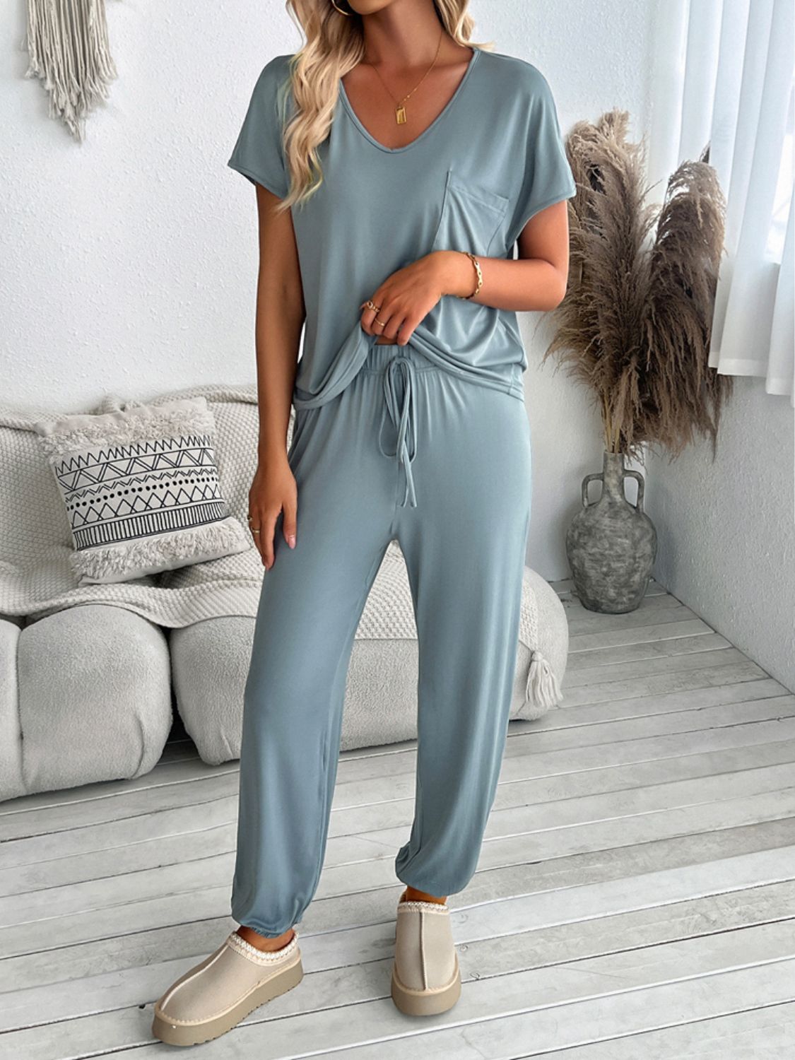 Devine V-Neck Short Sleeve Top and Pants Set - EkaVibe