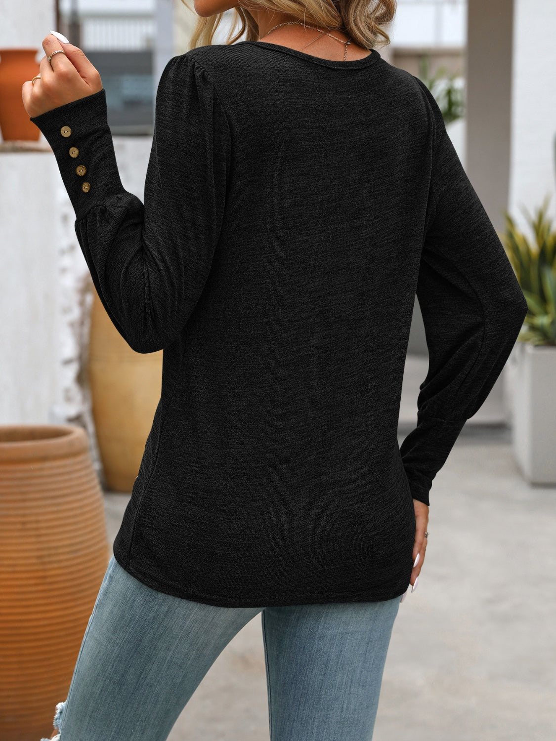 Decorative Button Round Neck Long Sleeve T-Shirt - EkaVibe