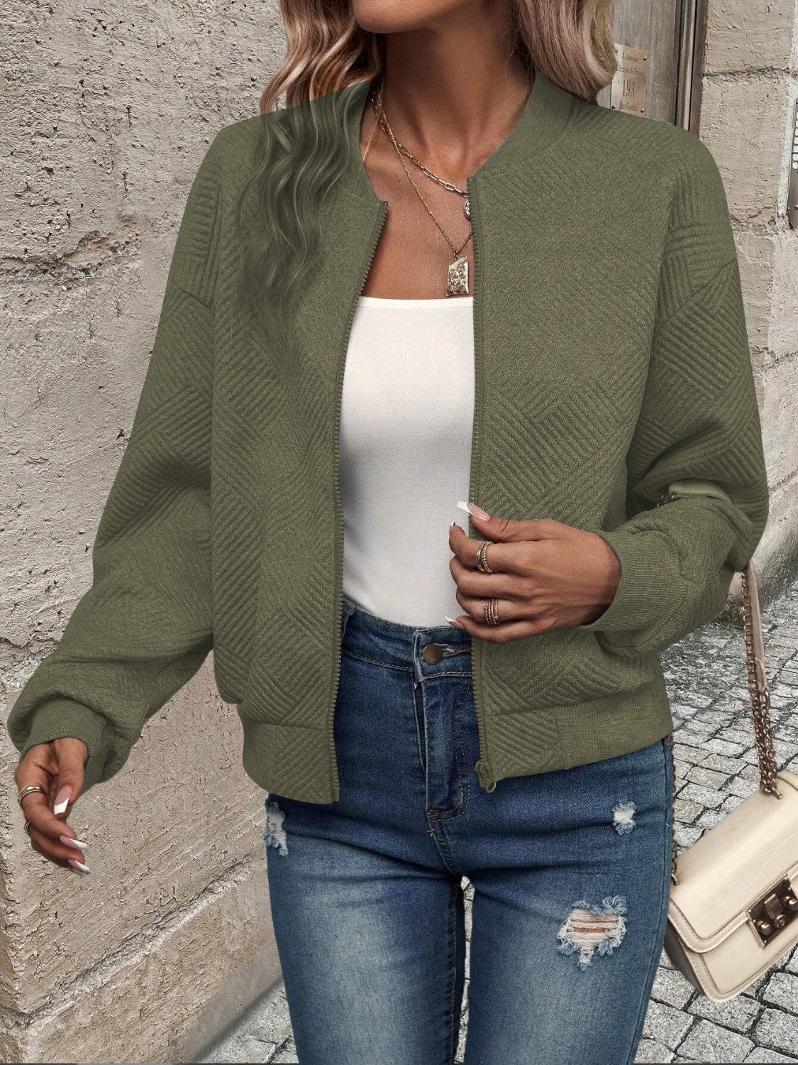 Textured Zip Up Long Sleeve Jacket - EkaVibe