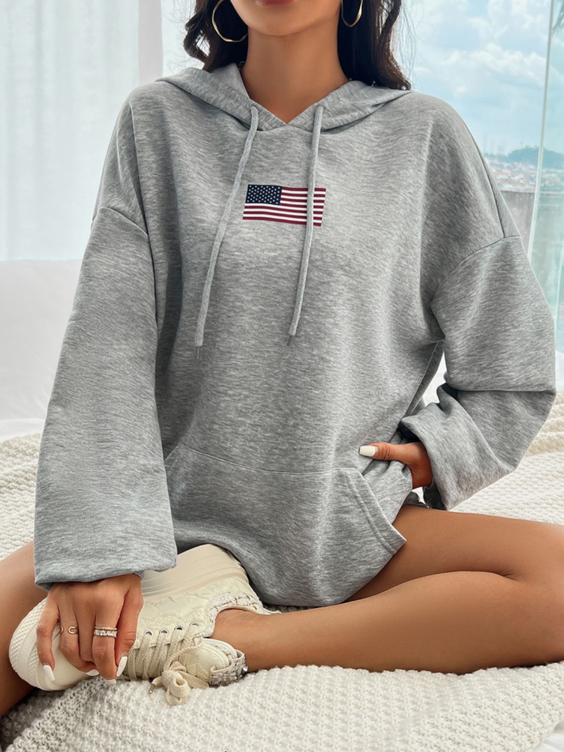 Devine Drawstring US Flag Long Sleeve Hoodie - EkaVibe