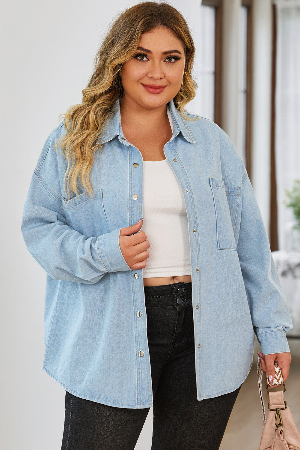 Plus Size Snap Down Pocketed Denim Jacket - EkaVibe