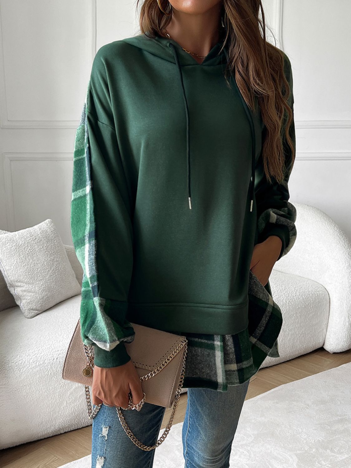 Devine Drawstring Plaid Long Sleeve Hoodie - EkaVibe