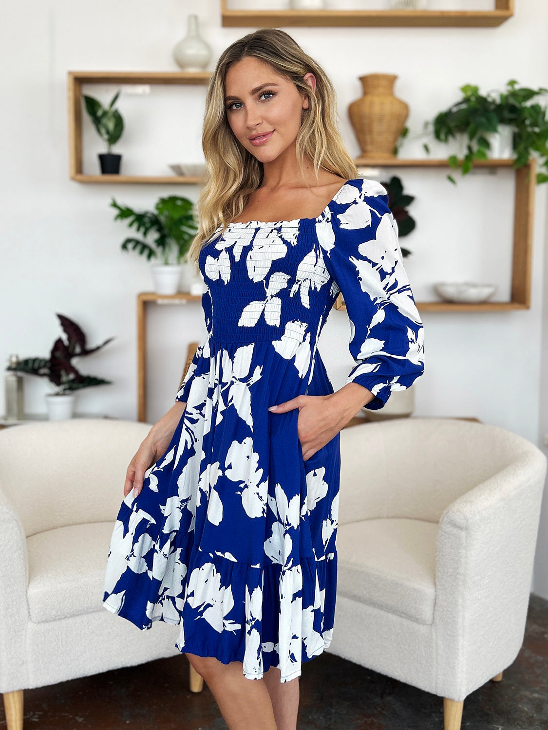 Double Take Full Size Floral Ruffle Hem Smocked Dress with Pockets - EkaVibe