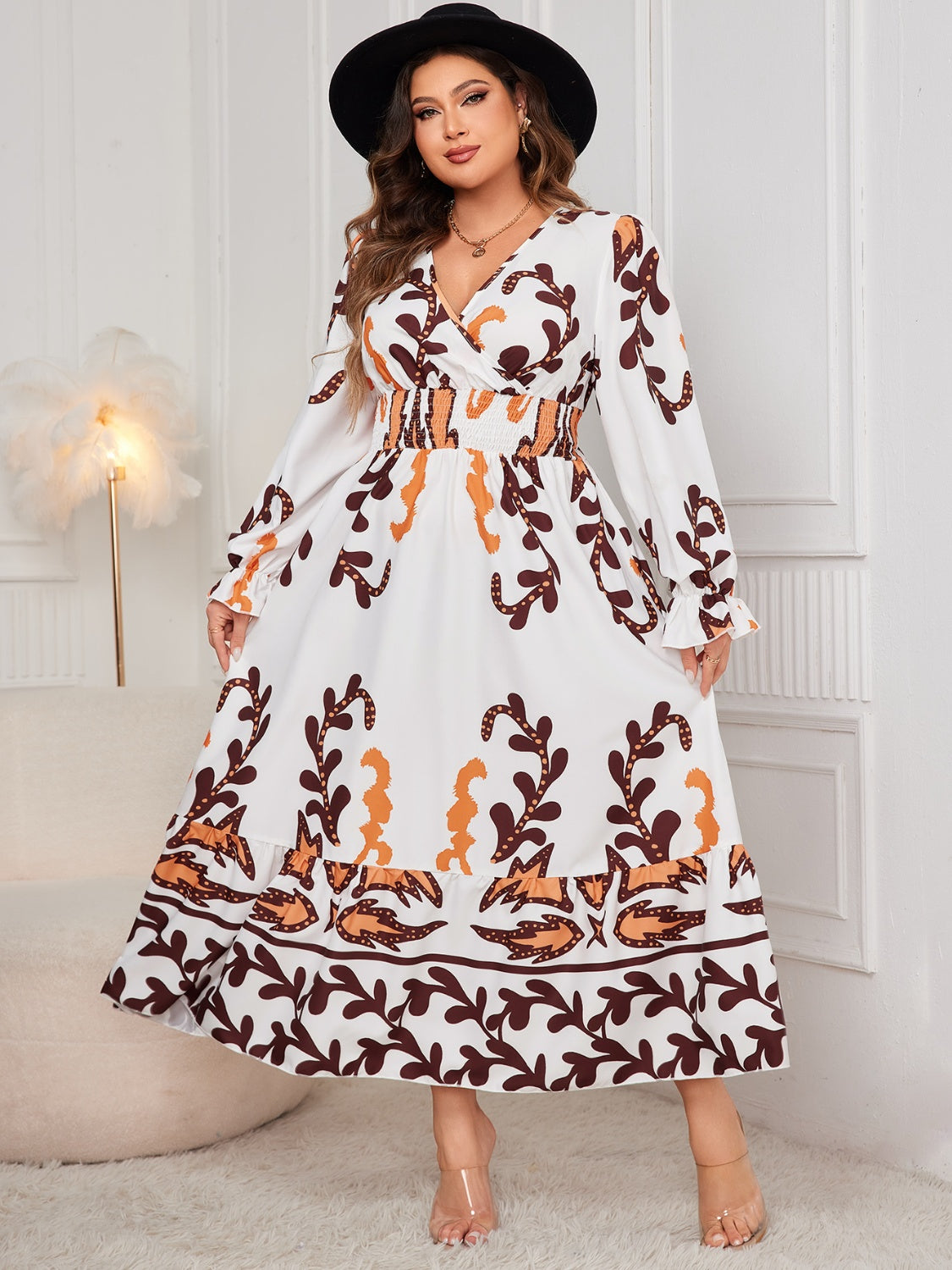 Honey Plus Size Printed Surplice Flounce Sleeve Dress - EkaVibe