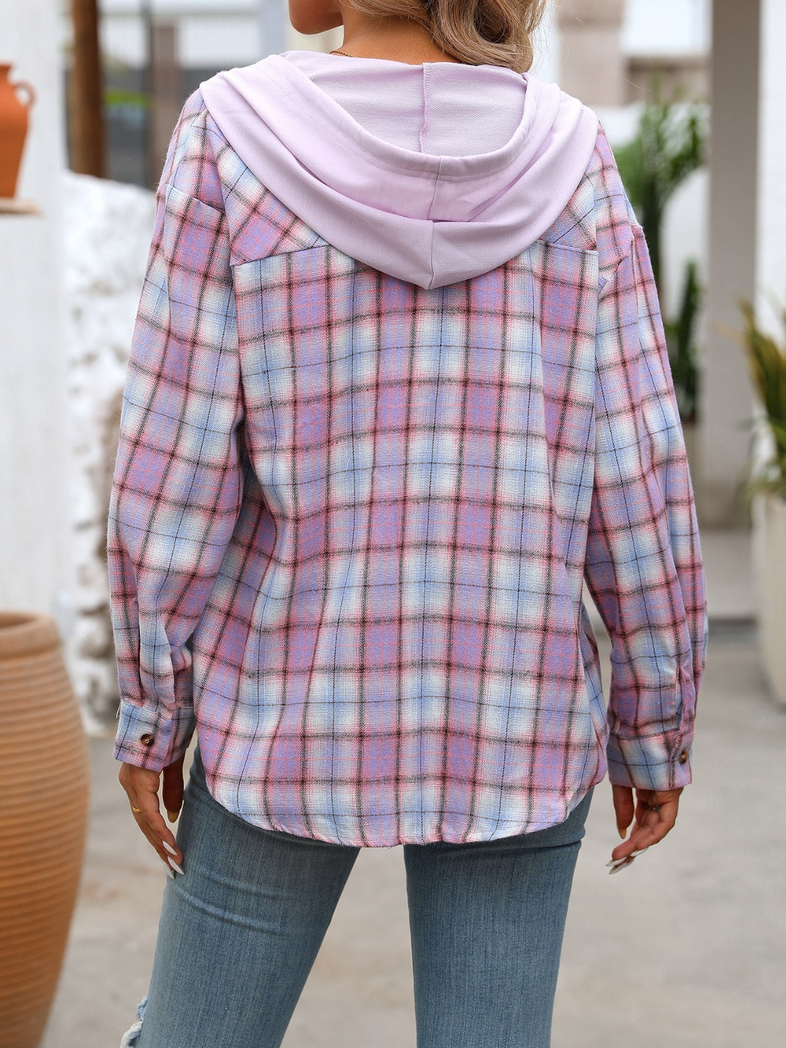 Plaid Long Sleeve Hooded Jacket - EkaVibe