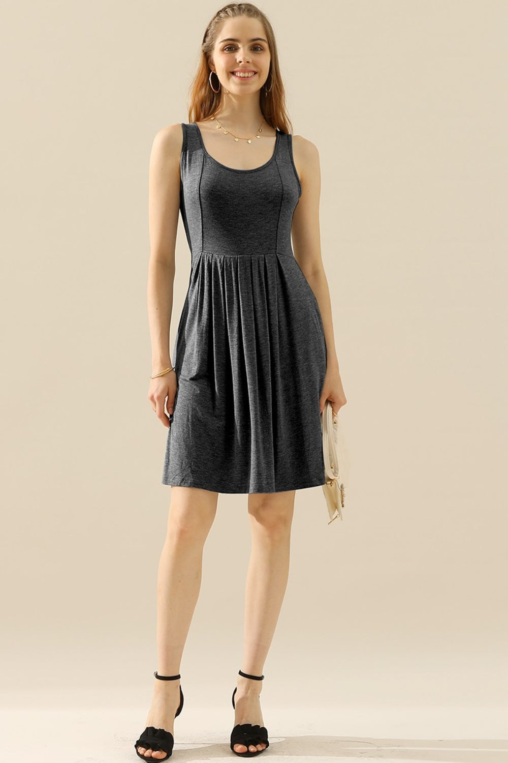 Doublju Full Size Round Neck Ruched Sleeveless Dress with Pockets - EkaVibe