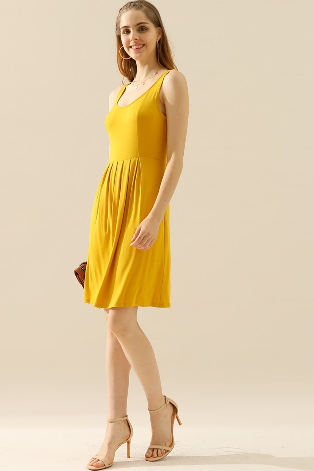 Doublju Full Size Round Neck Ruched Sleeveless Dress with Pockets - EkaVibe