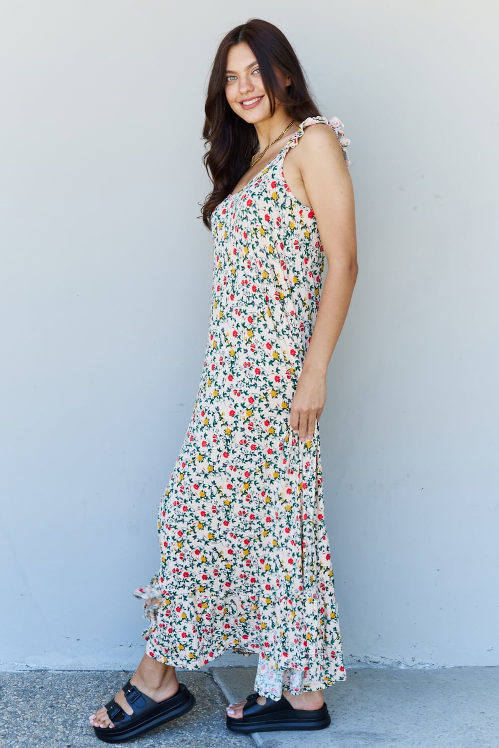 Doublju In The Garden Ruffle Floral Maxi Dress in Natural Rose - EkaVibe