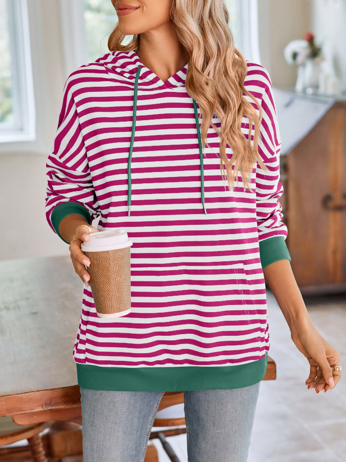 Lovelet Drawstring Striped Long Sleeve Hoodie - EkaVibe