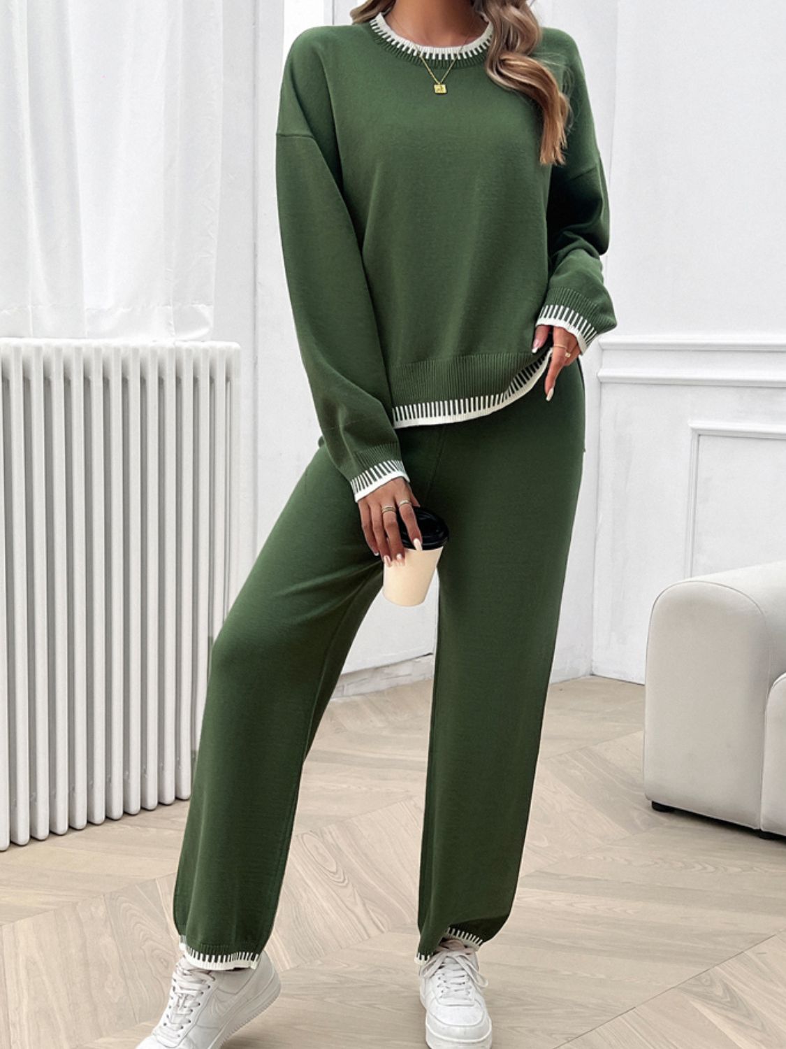 Devine Round Neck Dropped Shoulder Top and Pants Sweater Set - EkaVibe